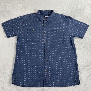 Patagonia Shirt Mens Large Blue Hemp Blend Short Sleeve Button Up Pockets 53139